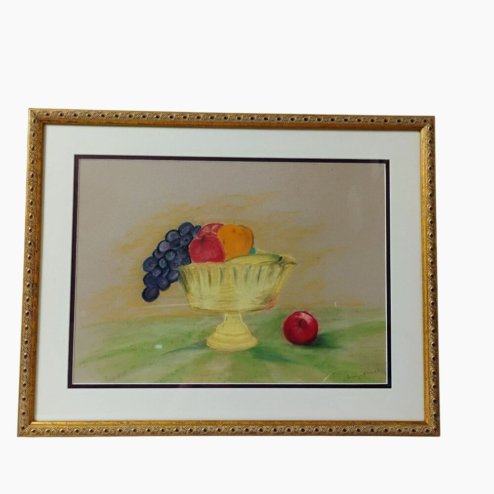 Vintage Framed Signed Original Still Life with Fruits Oil Pastel Painting Gold